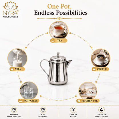 NYRA Stainless Steel Tea Pot with Lid | Glossy Mirror Finish Tea Serving Pot | Heavy Gauge Food Grade Steel Chai Pot for Tea & Coffee Serving | 3 No (9 cm) / 4 No (10 cm) | 1 Pc