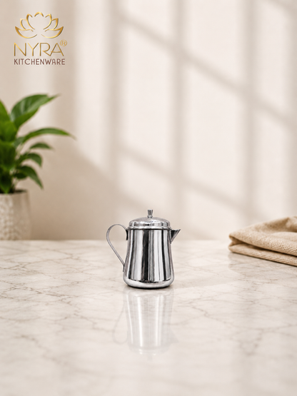 NYRA Stainless Steel Tea Pot with Lid | Glossy Mirror Finish Tea Serving Pot | Heavy Gauge Food Grade Steel Chai Pot for Tea & Coffee Serving | 3 No (9 cm) / 4 No (10 cm) | 1 Pc