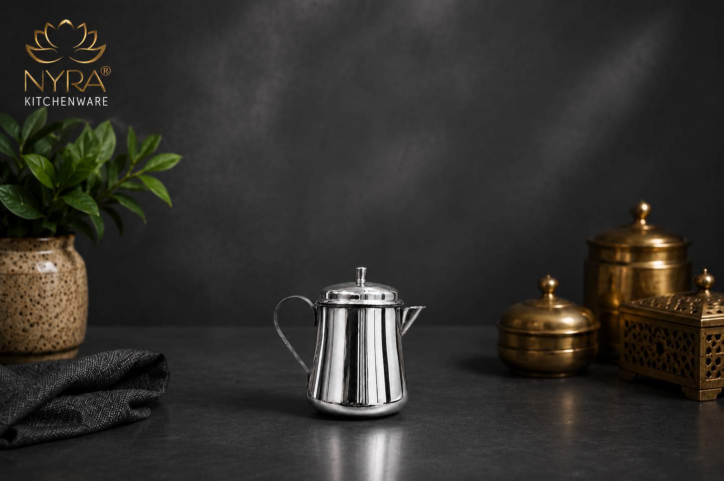 NYRA Stainless Steel Tea Pot with Lid | Glossy Mirror Finish Tea Serving Pot | Heavy Gauge Food Grade Steel Chai Pot for Tea & Coffee Serving | 3 No (9 cm) / 4 No (10 cm) | 1 Pc