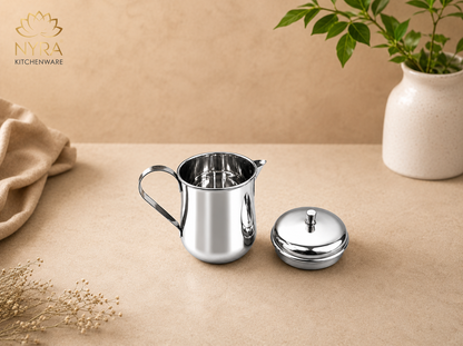 NYRA Stainless Steel Tea Pot with Lid | Glossy Mirror Finish Tea Serving Pot | Heavy Gauge Food Grade Steel Chai Pot for Tea & Coffee Serving | 3 No (9 cm) / 4 No (10 cm) | 1 Pc