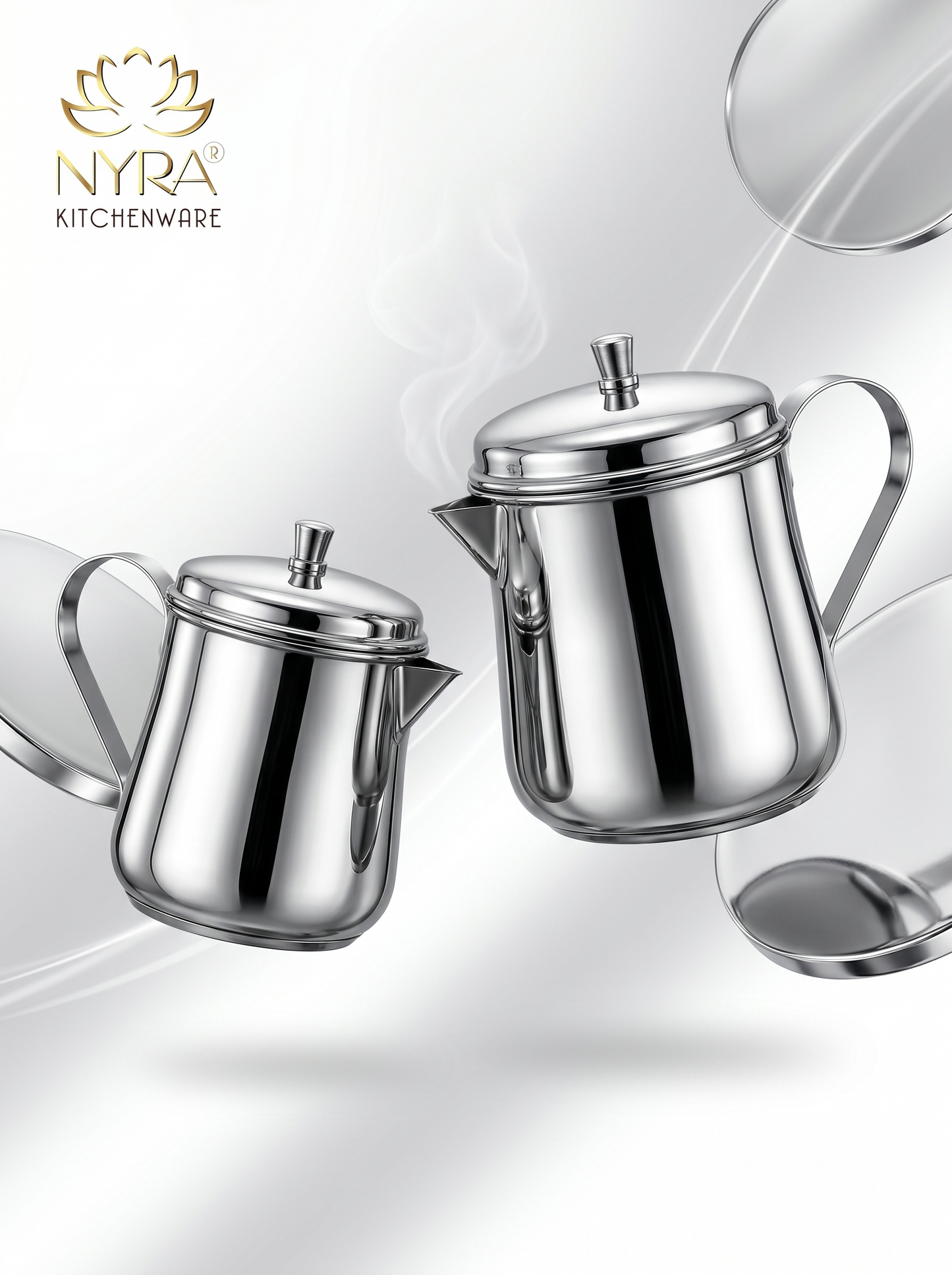 NYRA Stainless Steel Tea Pot with Lid | Glossy Mirror Finish Tea Serving Pot | Heavy Gauge Food Grade Steel Chai Pot for Tea & Coffee Serving | 3 No (9 cm) / 4 No (10 cm) | 1 Pc