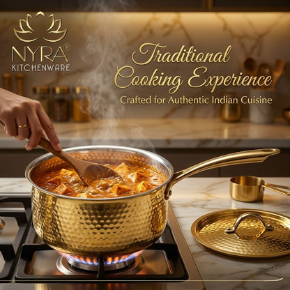 Premium Brass Hammered Saucepan with Traditional Kalai (Tin) Coating & Lid - Handcrafted Indian Cookware for Gourmet Cooking & Luxury Gifting (Small/Medium/Large Sizes)