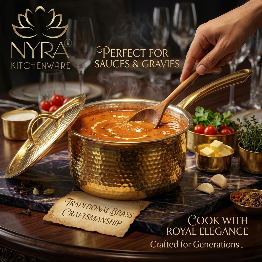 Premium Brass Hammered Saucepan with Traditional Kalai (Tin) Coating & Lid - Handcrafted Indian Cookware for Gourmet Cooking & Luxury Gifting (Small/Medium/Large Sizes)