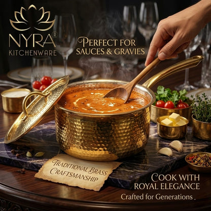 Premium Brass Hammered Saucepan with Traditional Kalai (Tin) Coating & Lid - Handcrafted Indian Cookware for Gourmet Cooking & Luxury Gifting (Small/Medium/Large Sizes)