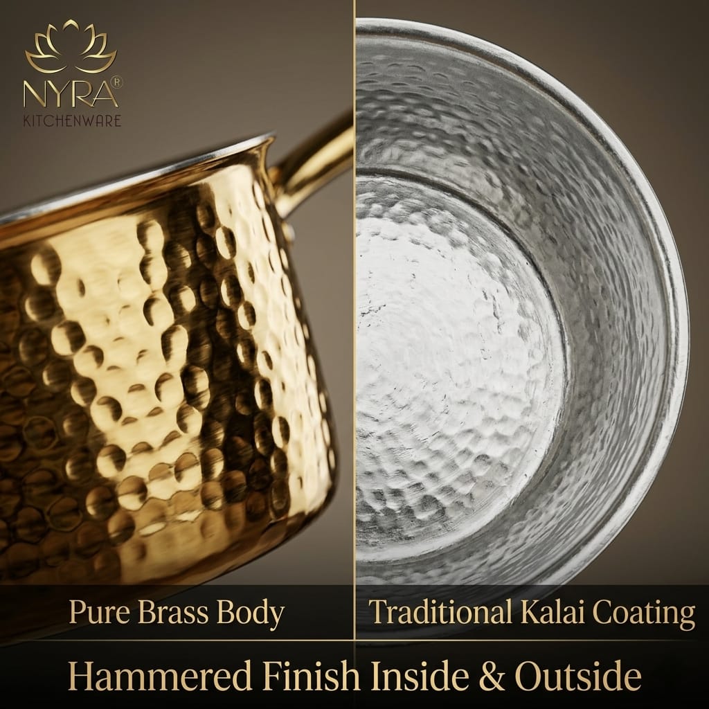 Premium Brass Hammered Saucepan with Traditional Kalai (Tin) Coating & Lid - Handcrafted Indian Cookware for Gourmet Cooking & Luxury Gifting (Small/Medium/Large Sizes)