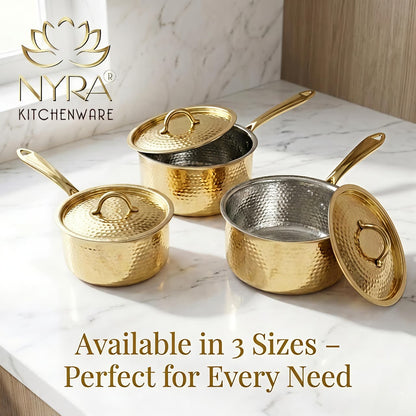 Premium Brass Hammered Saucepan with Traditional Kalai (Tin) Coating & Lid - Handcrafted Indian Cookware for Gourmet Cooking & Luxury Gifting (Small/Medium/Large Sizes)