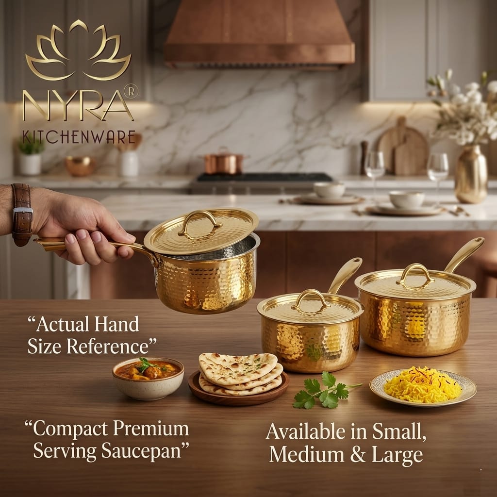 Premium Brass Hammered Saucepan with Traditional Kalai (Tin) Coating & Lid - Handcrafted Indian Cookware for Gourmet Cooking & Luxury Gifting (Small/Medium/Large Sizes)