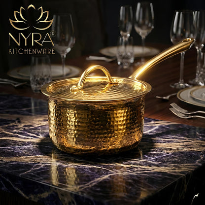 Premium Brass Hammered Saucepan with Traditional Kalai (Tin) Coating & Lid - Handcrafted Indian Cookware for Gourmet Cooking & Luxury Gifting (Small/Medium/Large Sizes)