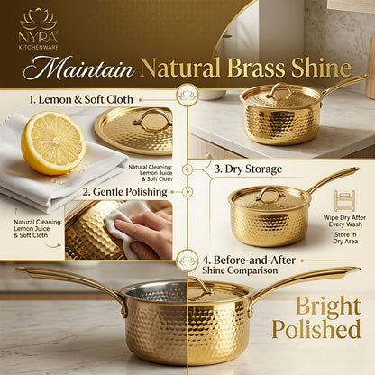 Premium Brass Hammered Saucepan with Traditional Kalai (Tin) Coating & Lid - Handcrafted Indian Cookware for Gourmet Cooking & Luxury Gifting (Small/Medium/Large Sizes)