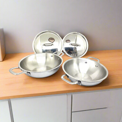 Tri-Ply Stainless Steel Kadhai Set with Lid - Heavy Bottom Induction-friendly Cookware Wok Set of 2pcs.