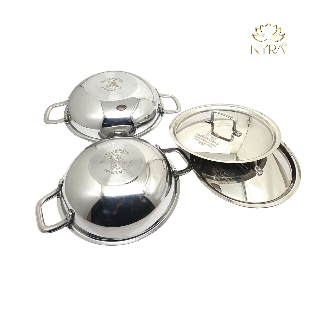 Tri-Ply Stainless Steel Kadhai Set with Lid - Heavy Bottom Induction-friendly Cookware Wok Set of 2pcs.