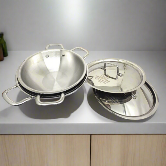 Triply Stainless Steel Kadai with Lid Set of 2pcs. | Heavy Bottom Induction Friendly Cookware Set