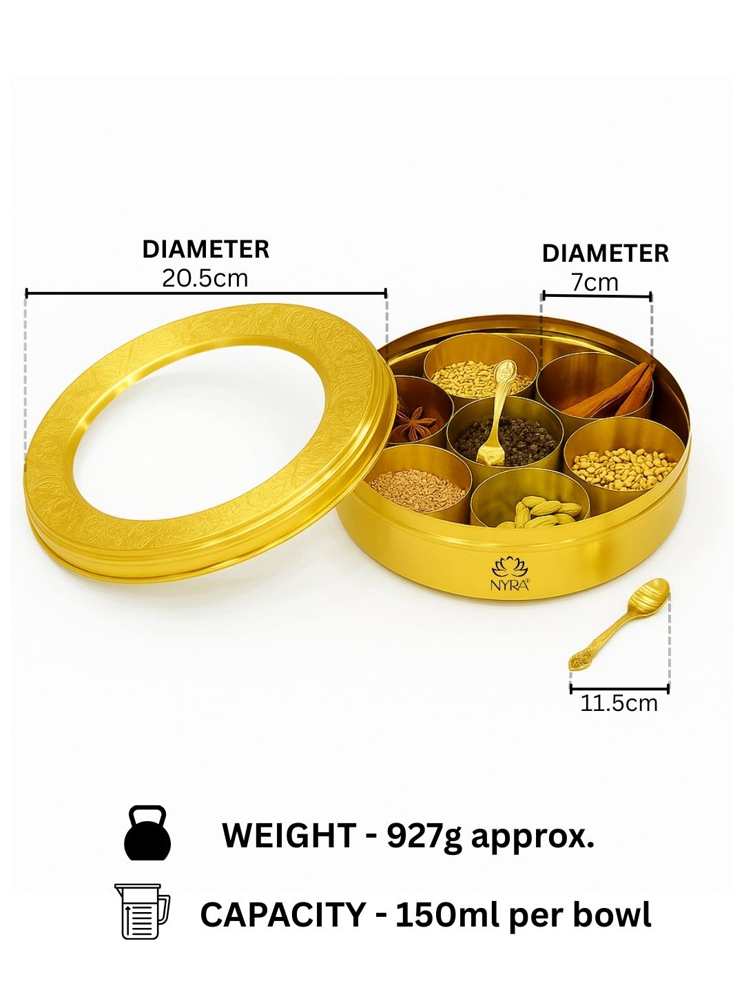 Brass Spice Box with see-through lid | Eco-Friendly & Handcrafted Masala Dabba with 7 Compartments - Traditional Kitchen Essential