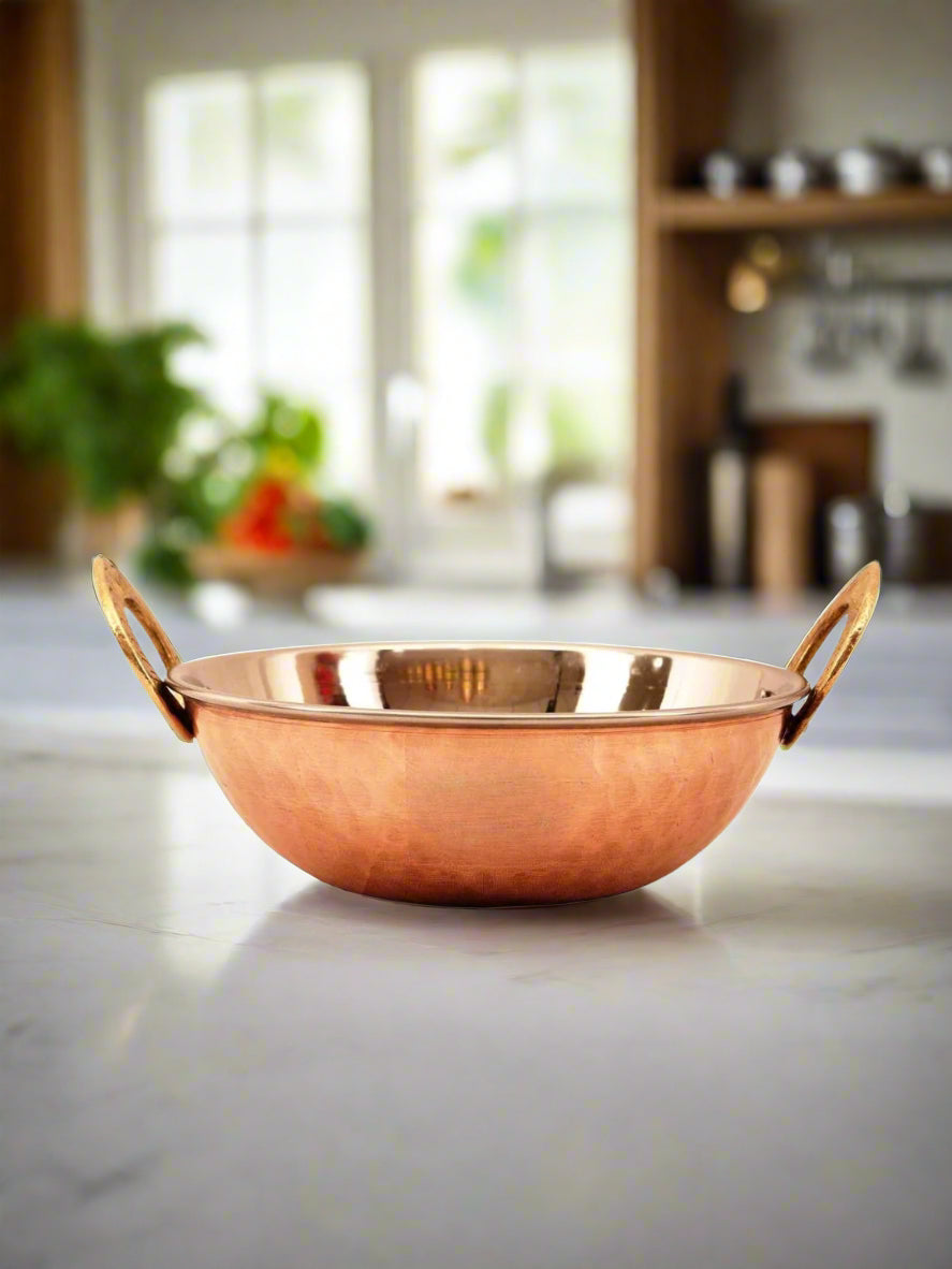Copper Serving Kadhai/Wok Insulated with Stainless Steel | Hammered Tableware for Homes, Restaurants & Hotels
