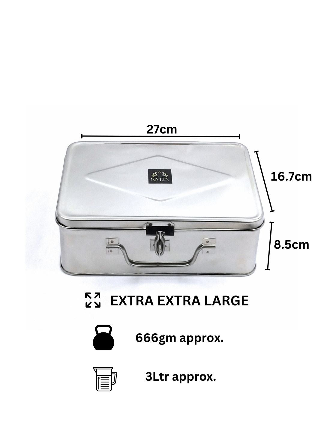 Metallic storage box with dimensions and weight information on a white background